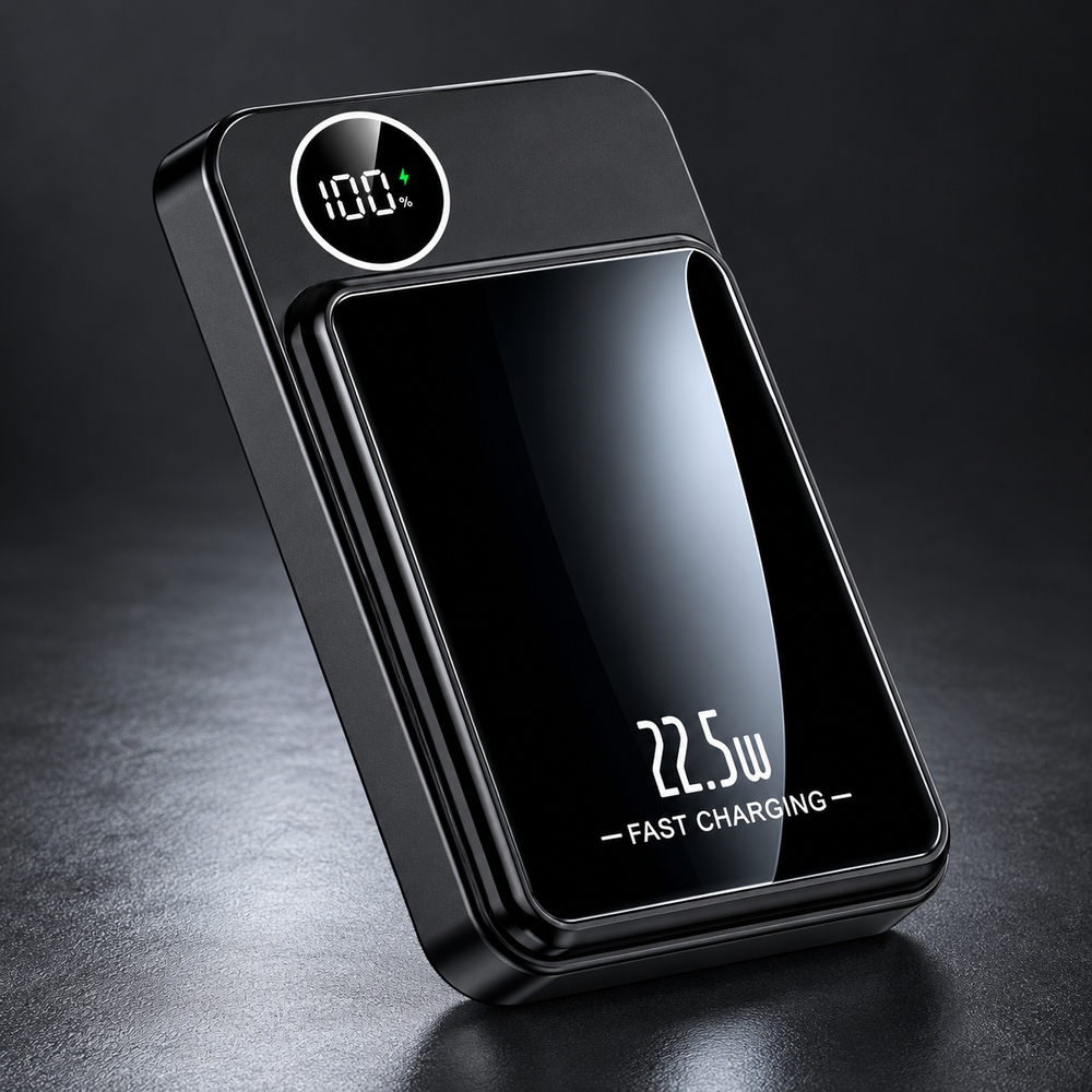Портативний PowerBank 10000 mAh зі світлодіодним дисплеєм, швидкою - бездротовою зарядкою 22,5 Вт для iPhone та Android (колір чорний) 1520 фото